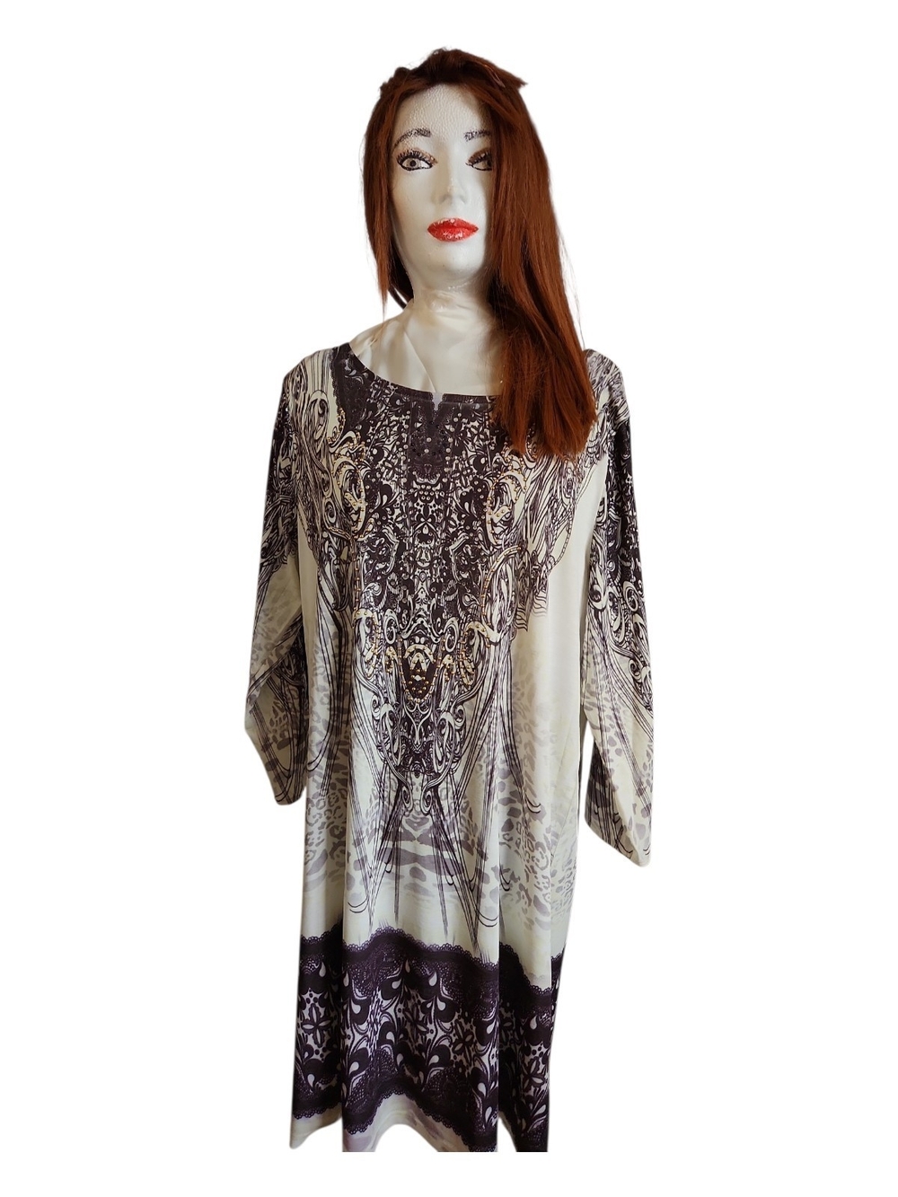 Victoriana Cream and Brown Ornate Print Long Sleeve Shift Dress Womens Large